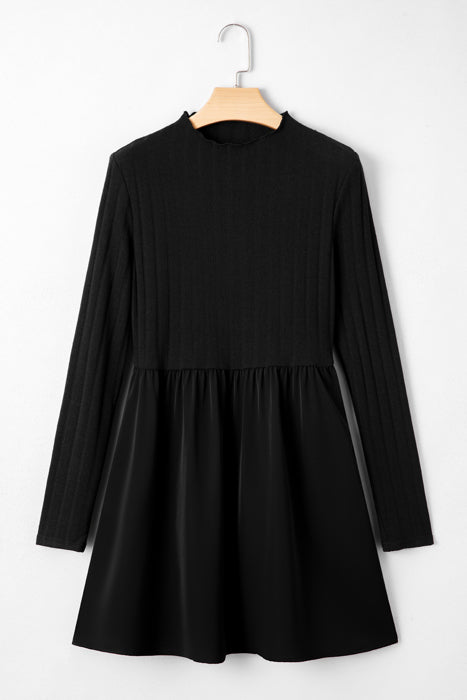 Frilled Neck Ribbed Knit Patchwork Mini Dress | S-XL