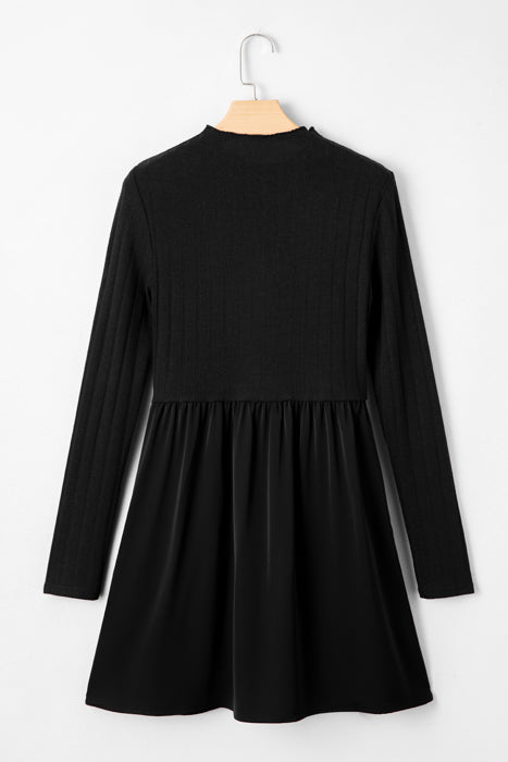 Frilled Neck Ribbed Knit Patchwork Mini Dress | S-XL