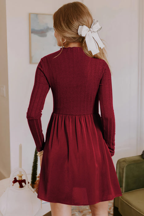 Frilled Neck Ribbed Knit Patchwork Mini Dress | S-XL