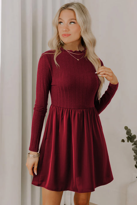 Frilled Neck Ribbed Knit Patchwork Mini Dress | S-XL