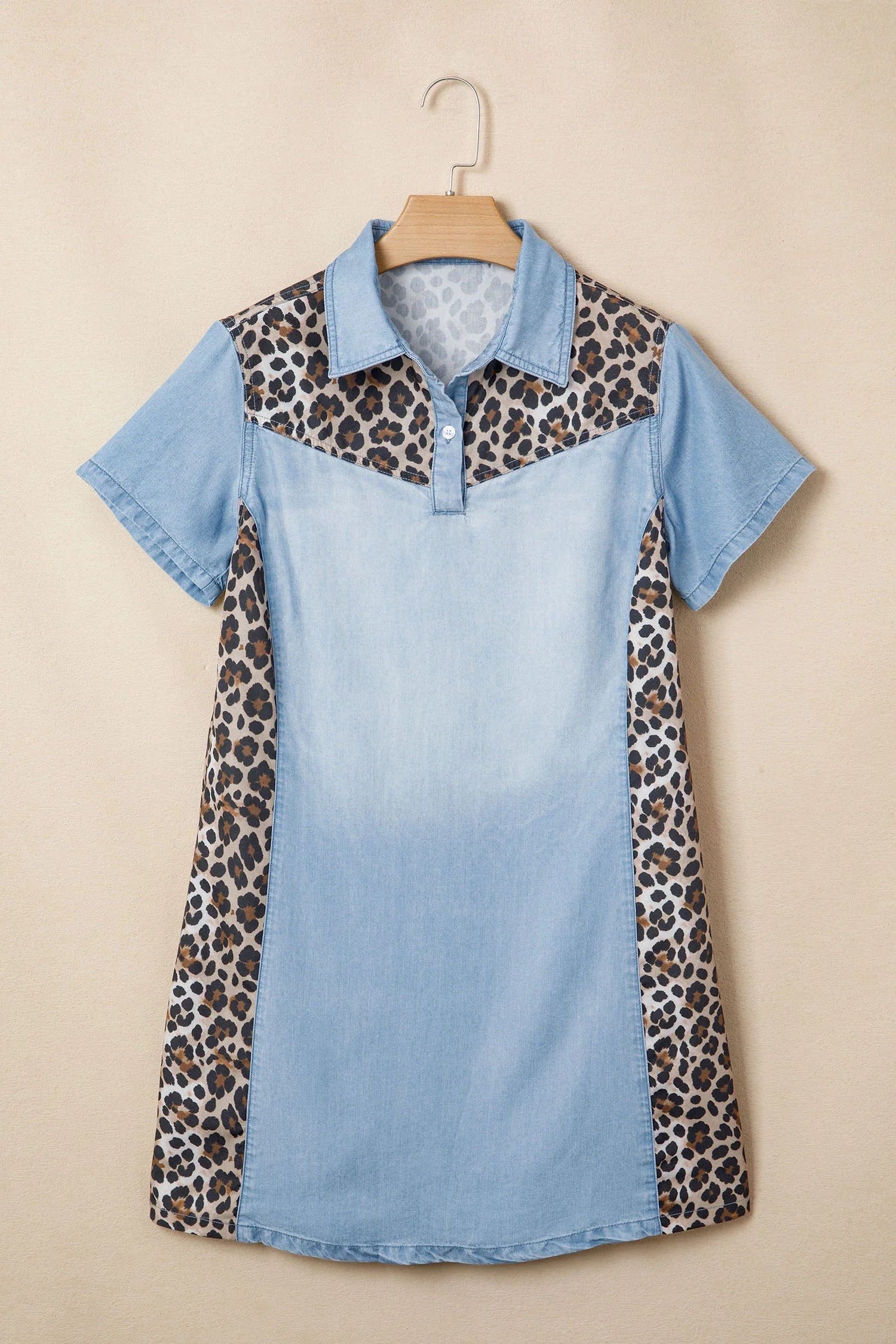 Denim Colorblock Leopard Patchwork Mini Dress | S-XL